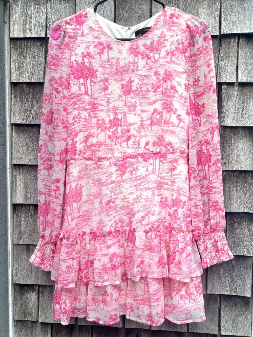 Aqua Pink Toile Print Ruffle Mini Dress